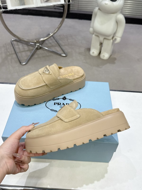 2025 Women Prada Beige Suede Loafer Slip-On KFY00280