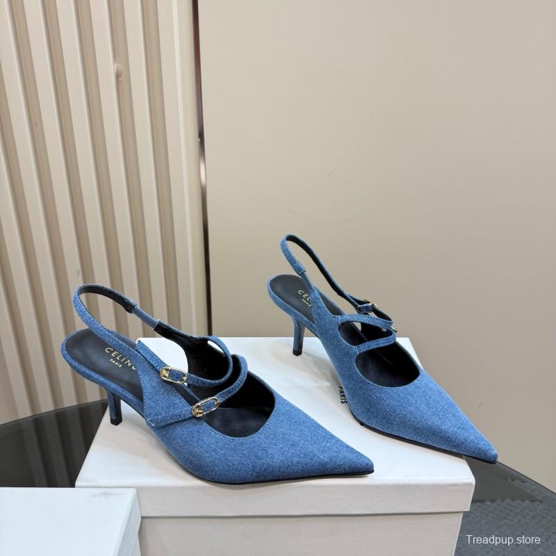 2025 Women CELINE Blue Denim Leather Pointed Toe Slingback Heels KFY00290