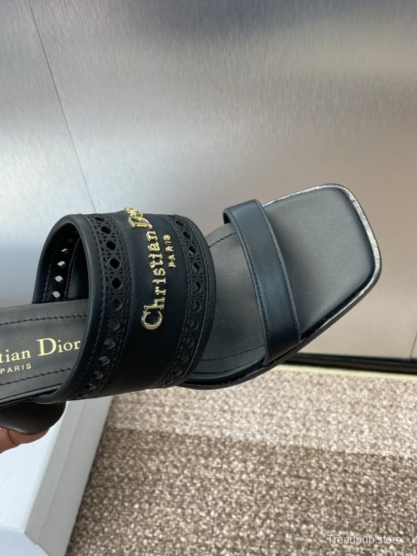 2024 Women Dior Black Leather Slide Sandals