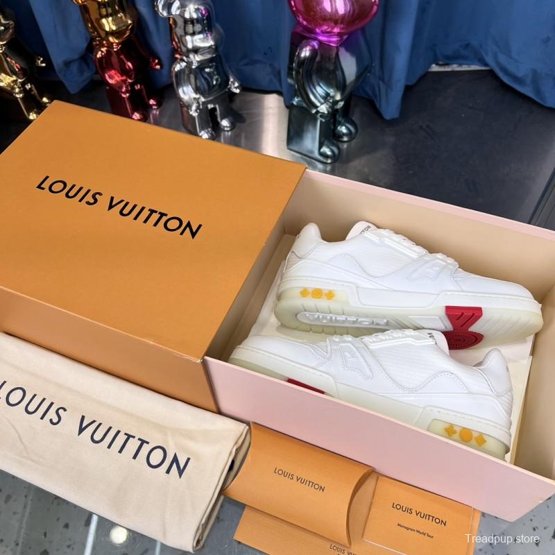 2025 Unisex Louis Vuitton White Calf Leather Mesh Trainer TPU Plimsolls Goodyear Welt