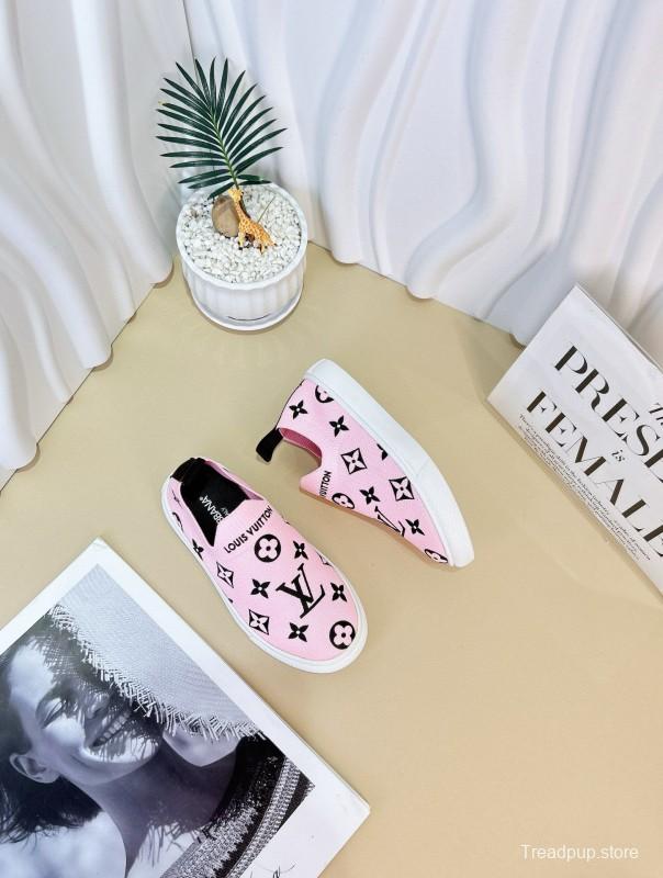 2024 Kids Louis Vuitton White Black Pink Canvas Slip-On Sneakers