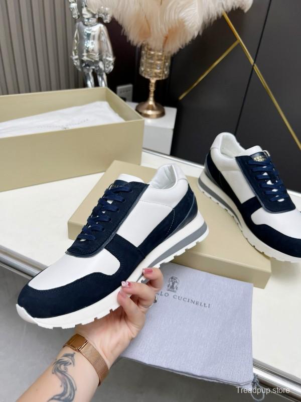 2024 Unisex Brunello Cucinelli White Navy Suede Leather Sneakers