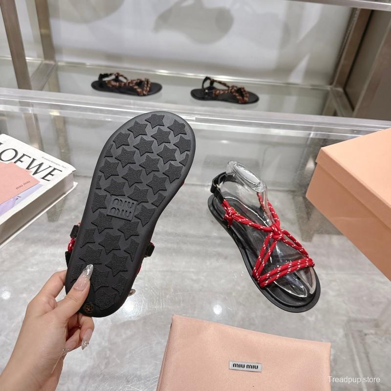 2025 Women Miu Miu Red Black Leather Rope Sandals KFY00200