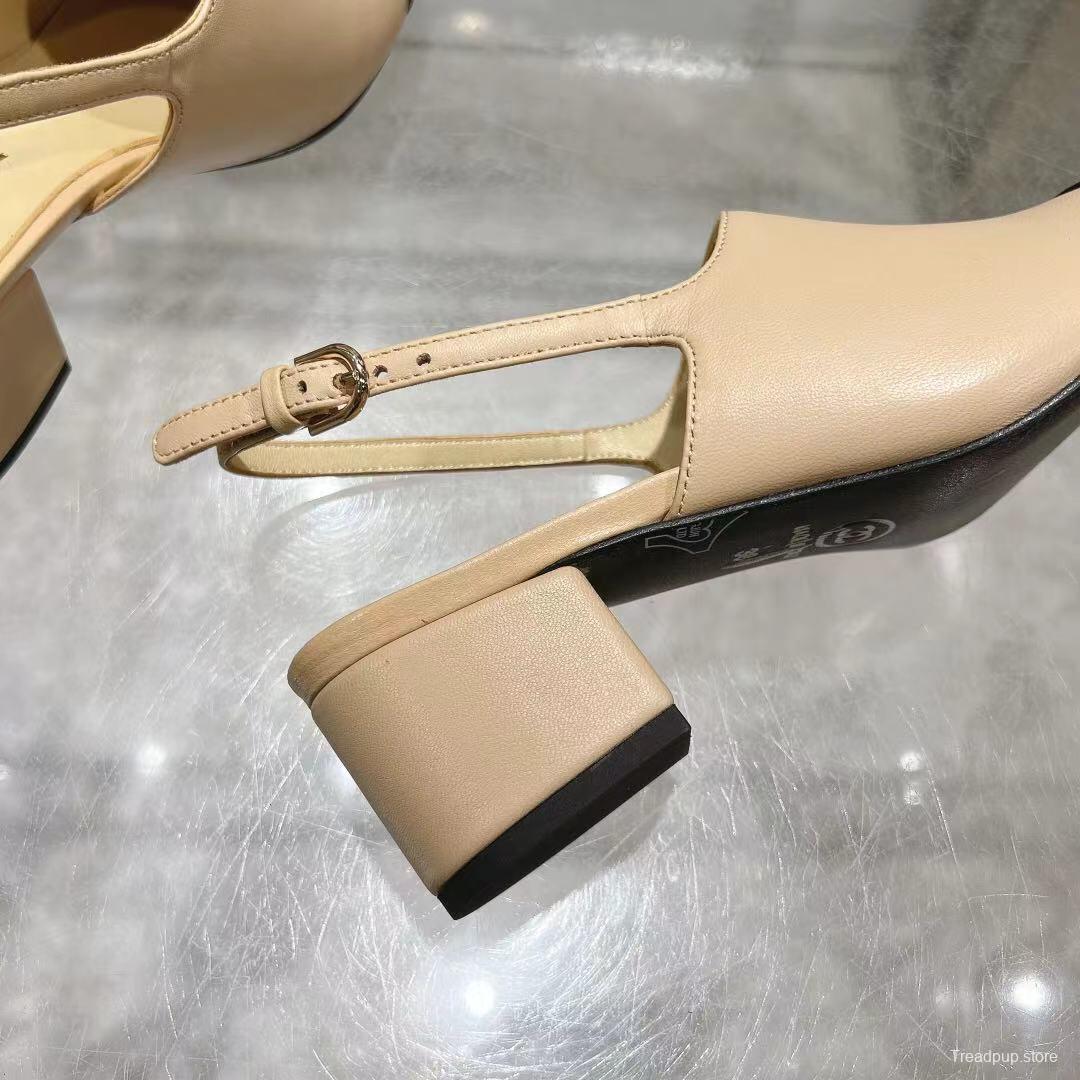 2025 Women Chanel Beige Black Leather Slingback Block Heel LY00300