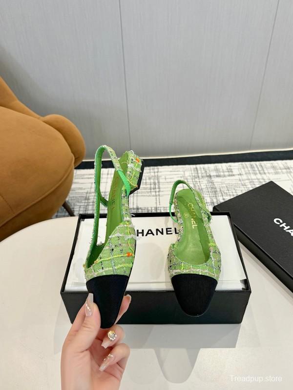 2025 Women Chanel Green Black Tweed Leather Slingback Flats LY00240