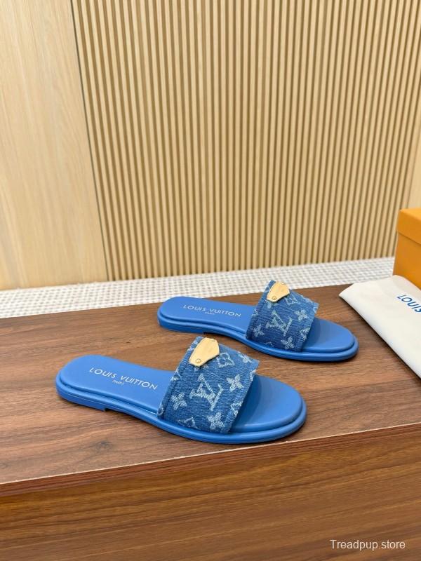 2025 Women Louis Vuitton Blue Denim Leather Slippers LY00200