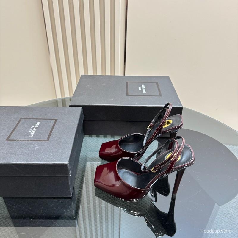 2025 Women Yves Saint Laurent Burgundy Patent Leather Slingback Heels