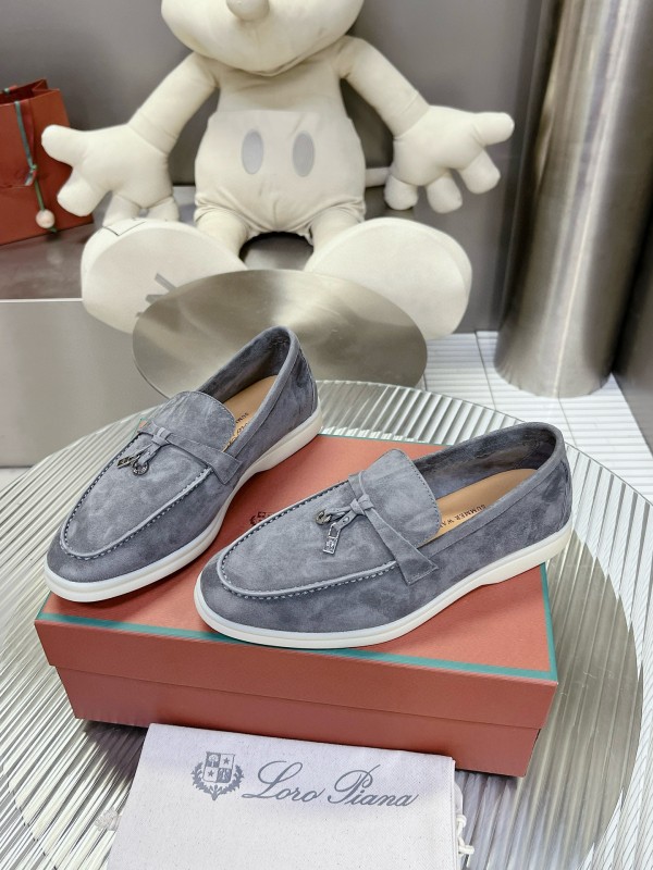 2024 Unisex Loro Piana Grey Suede Loafers MJ00270