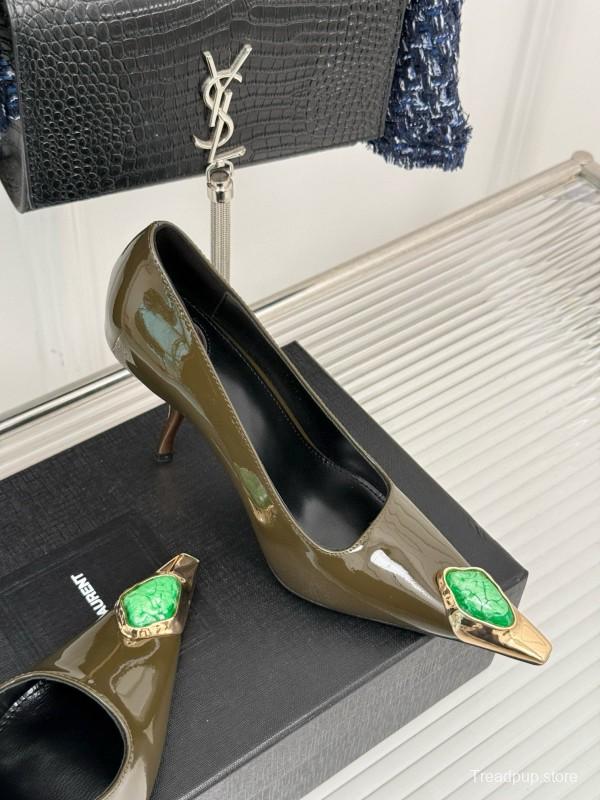 2024 Women Yves Saint Laurent Olive Green Patent Leather High Heel Gemstone MJ00330