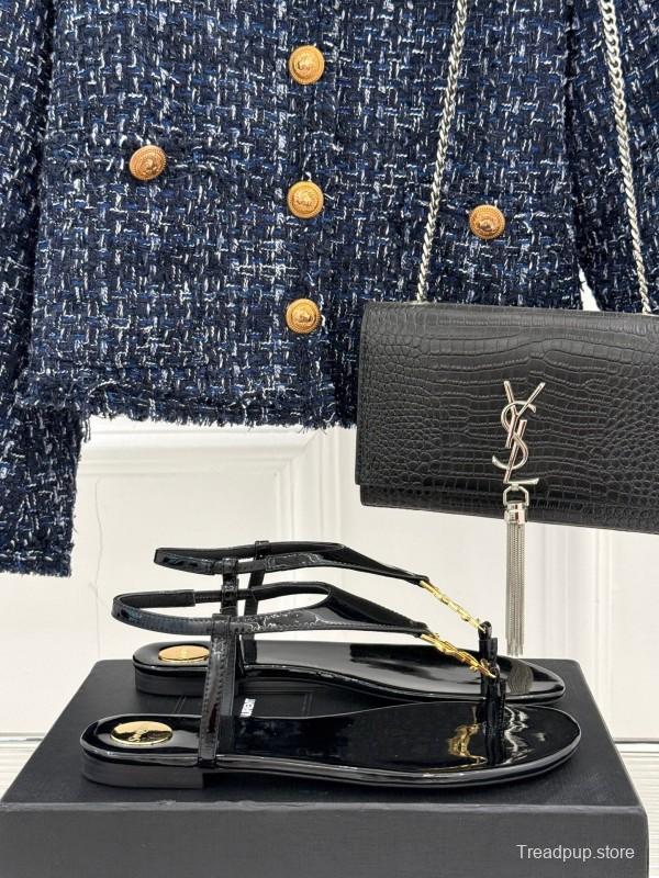 2025 Women Yves Saint Laurent Black Patent Leather Thong Sandals