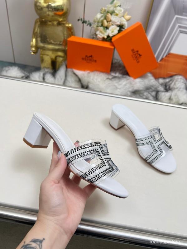 2025 Slippers Hermès White Leather Crystal MJ00180