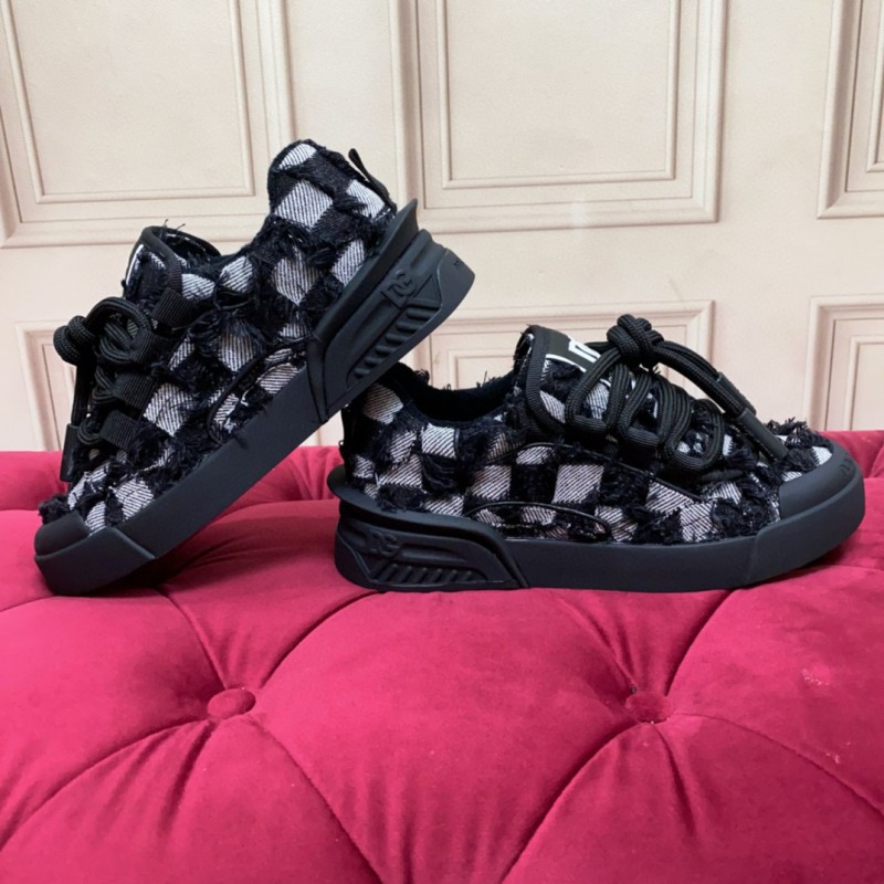 2024 Unisex Dolce & Gabbana Black White Wool Leather Sneakers MJ00340