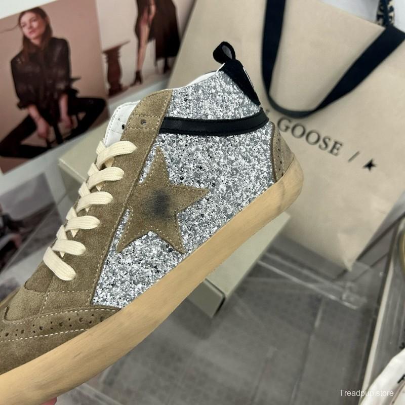 2024 Unisex Golden Goose Deluxe Brand Grey Silver Glitter Suede Leather High-Top Sneakers MJ00300