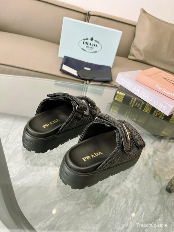 2025 Prada Black Woven Leather Slippers LY00290