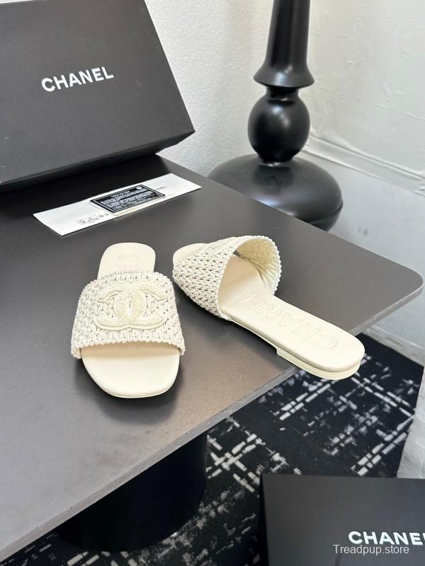 2025 CHANEL White Knit Leather Slippers LY00250