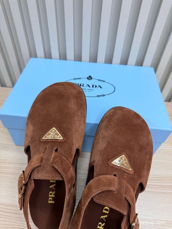 2025 Women Prada Brown Suede Slingback Buckle Sandals LY00280