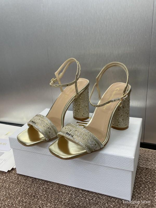 2025 Women Dior Gold Crystal Embellished Leather Sandals KFY00320