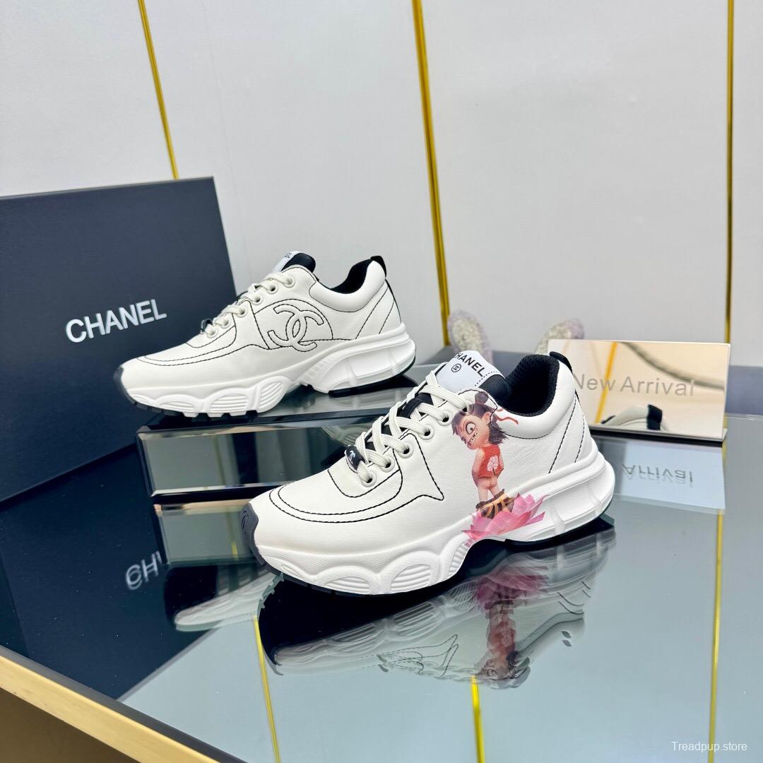 2025 Women Chanel White Leather Sneakers Nezha Pattern