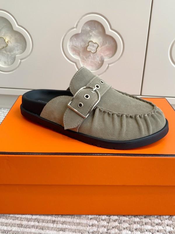 2025 Women Hermès Grey Suede Mule Shoe KFY00290
