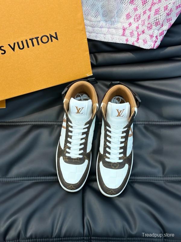 2024 Men Louis Vuitton White Brown Leather High Top Sneakers MJ00420