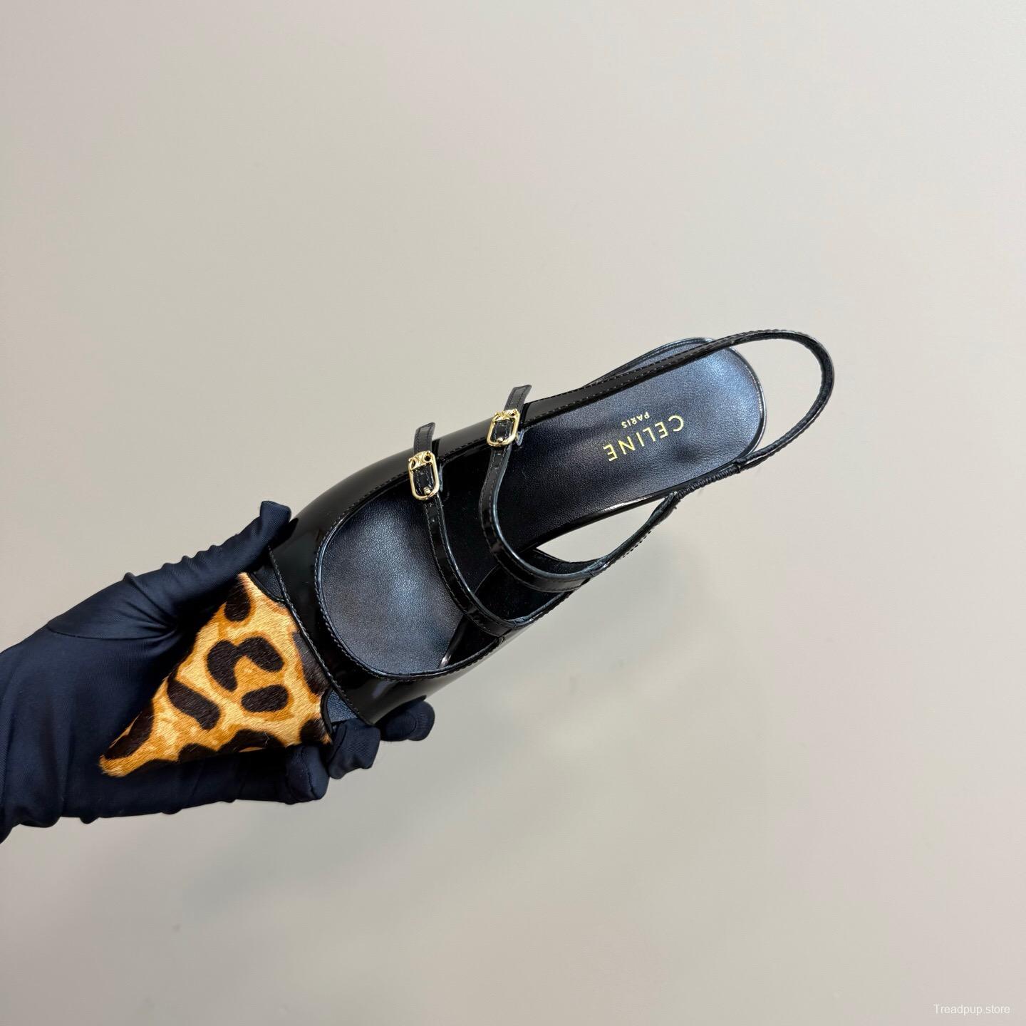 2025 Women Celine Leopard Black Patent Leather Slingback Heels