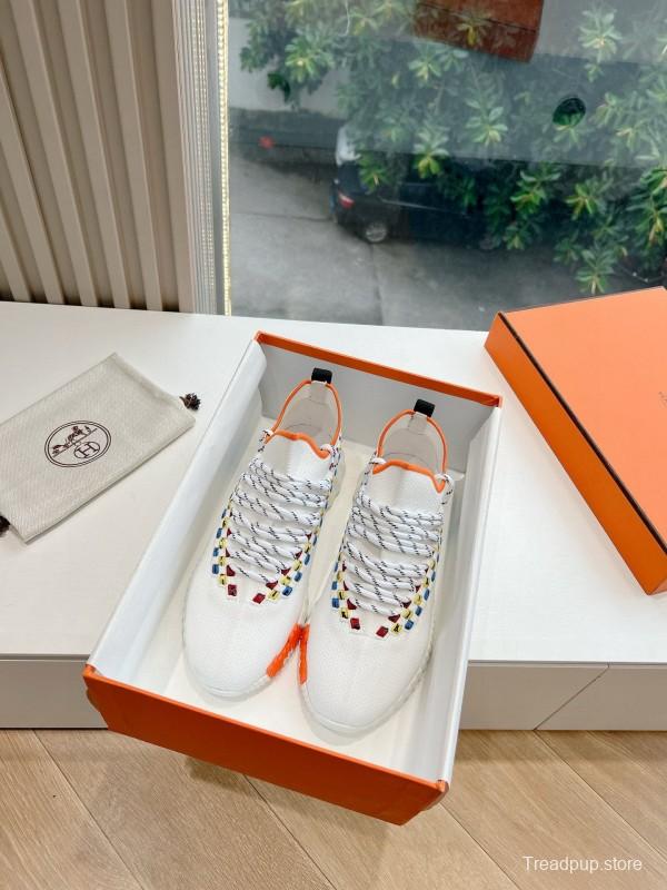 2024 Unisex Hermès White Blue Yellow Orange Calfskin Suede Sneakers MJ00290