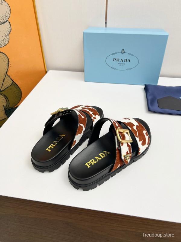 2025 Slippers Prada Brown White Leather Cow Print LY00260