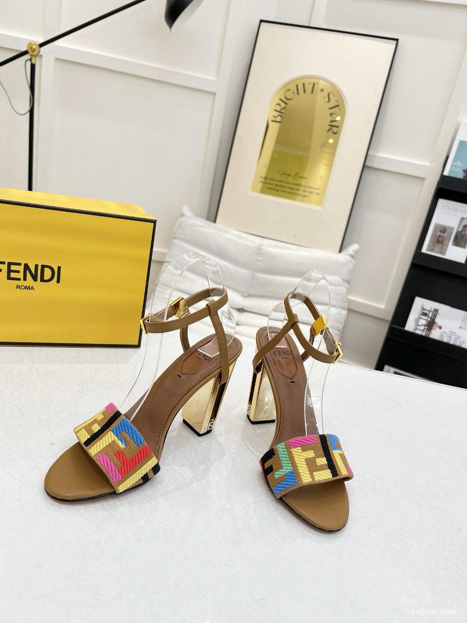 2025 Women Fendi Brown Multicolor Leather High Heel Sandals MJ00280