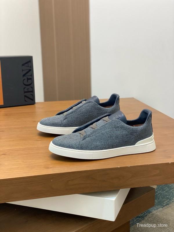 2024 Unisex Ermenegildo Zegna Grey Blue Pelletessuta Calfskin Sneakers Stretch Detail MJ00280