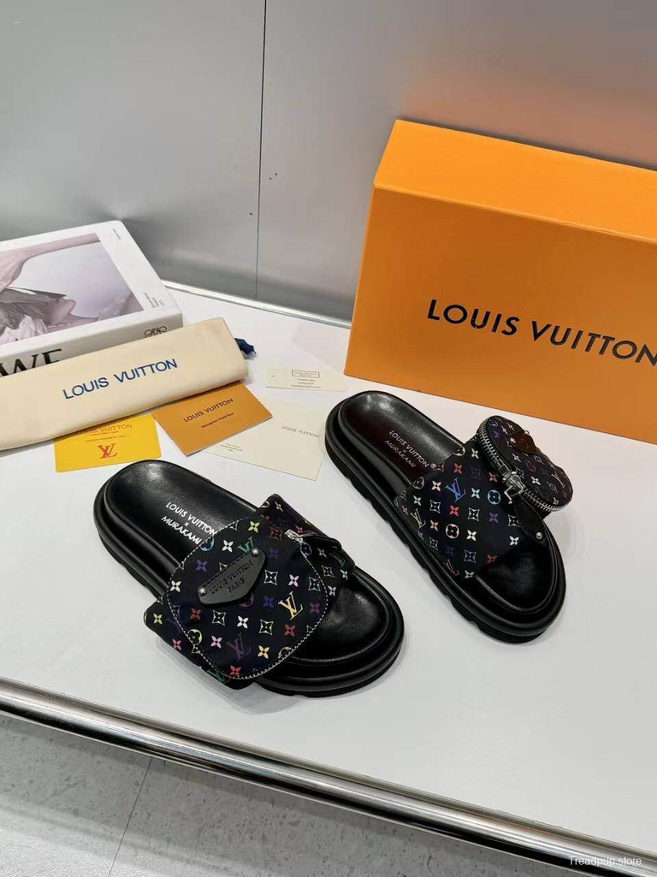 2025 Women Louis Vuitton Black Colorful Canvas Slippers Monogram KFY00230