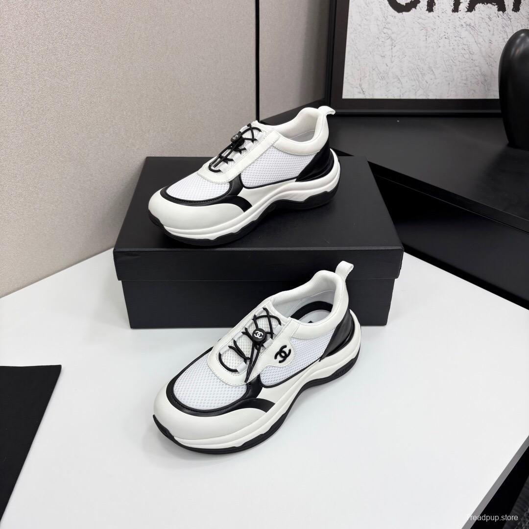 2025 Unisex Chanel White And Black Silk Leather Panda Sneakers With Embroidery Detail CHN2025