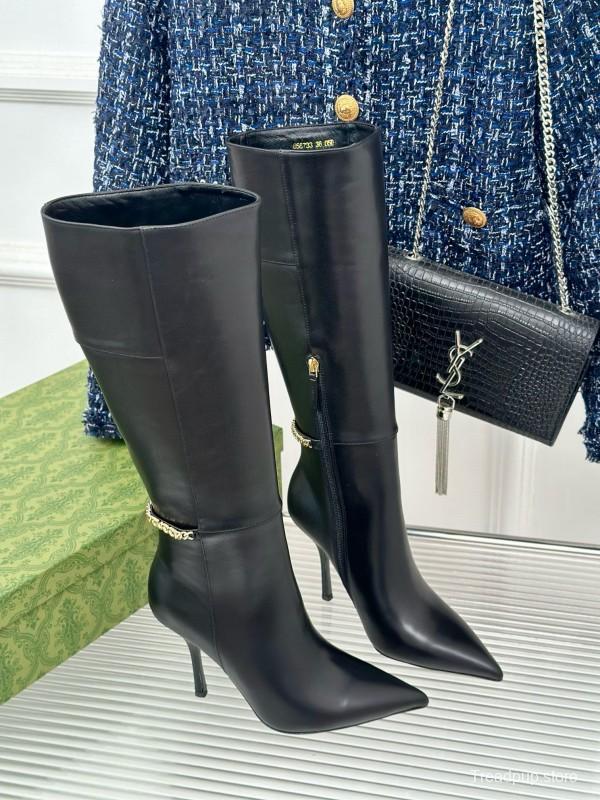 2024 Women Gucci Black Leather Boots Chain Detail MJ00550