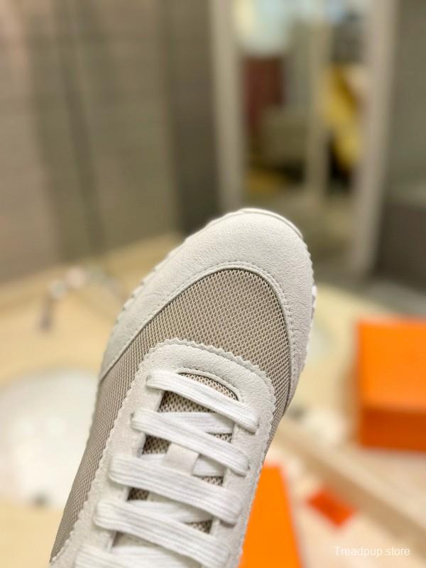 2024 Women Hermès White Beige Mesh Leather Sneakers MJ00320