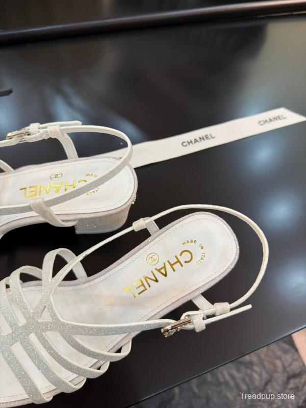 2025 Women Chanel White Leather Sandals