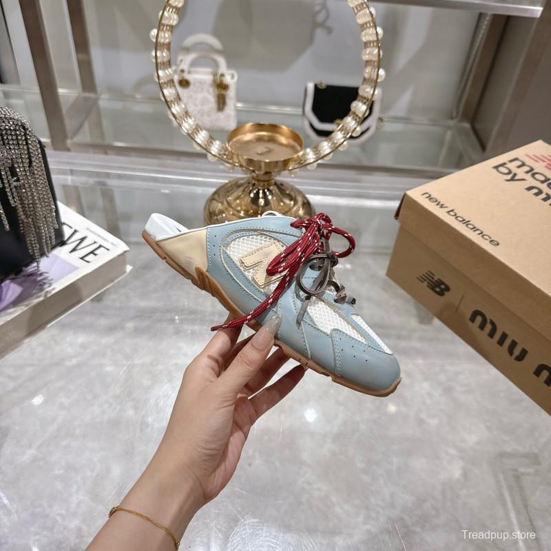 2025 Women Miu Miu Blue White Beige Leather Mesh Sneakers