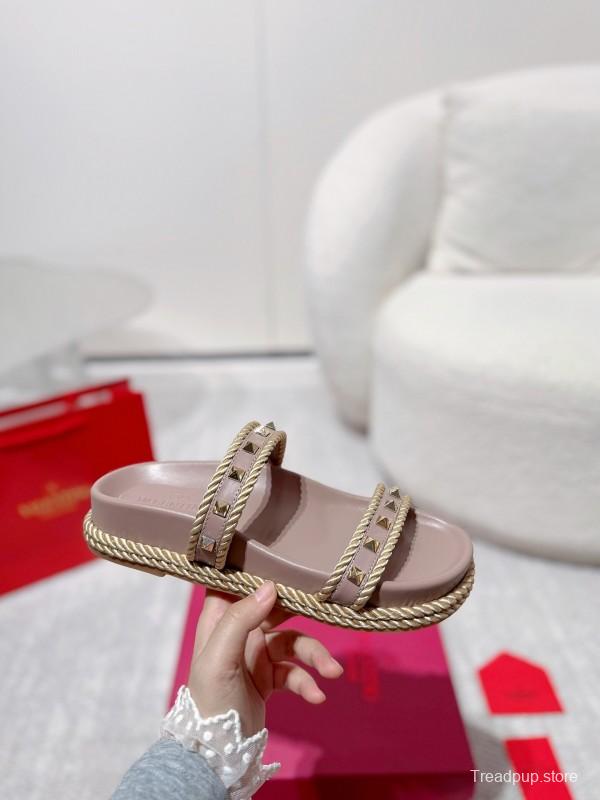 2025 Women Valentino Beige Leather Slippers
