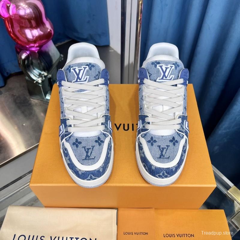 2025 Men Louis Vuitton Blue White Denim Leather LV Trainer
