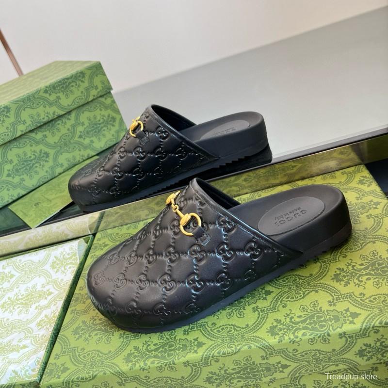 2024 Slippers Gucci Black Leather GG Pattern Horsebit MJ00280