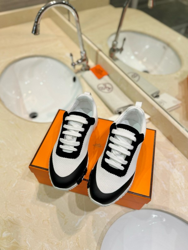 2024 Unisex Hermès Black White Silk Leather Mesh Sneakers MJ00320