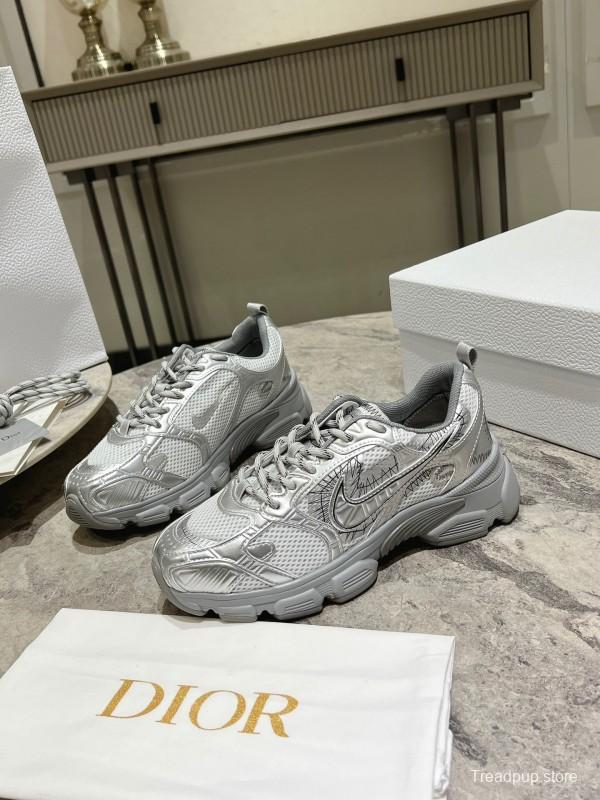 2025 Women Dior Silver Mesh Leather Sneakers