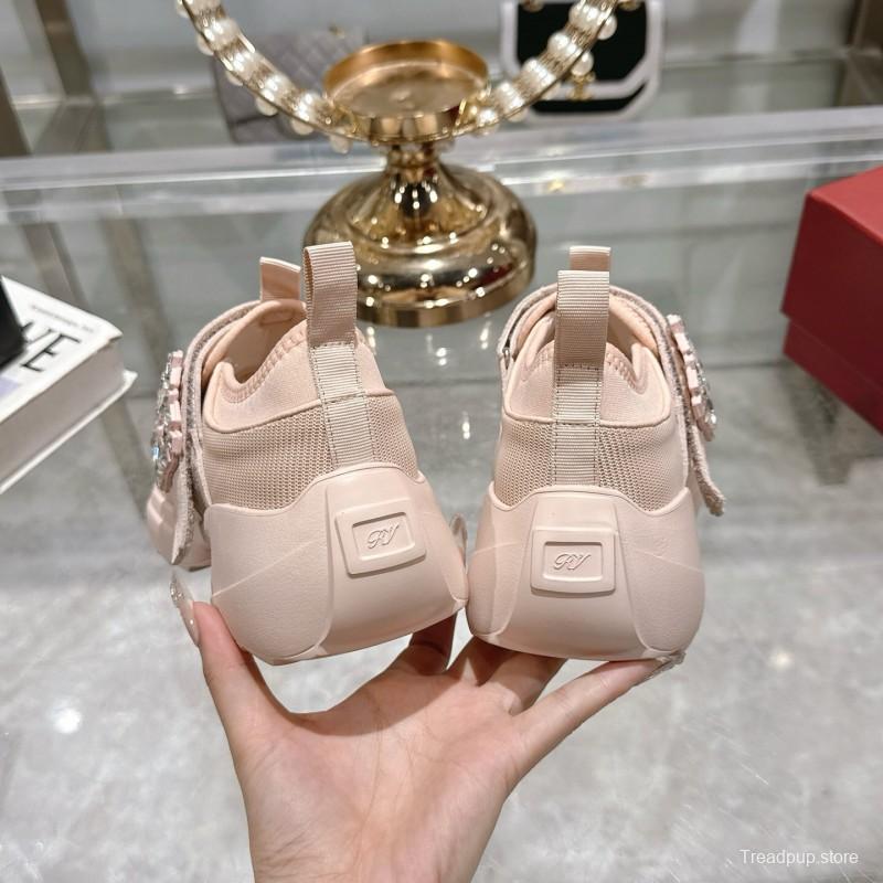 2025 Women Roger Vivier Pink Knit Suede Sneakers Crystal Buckle LY00300