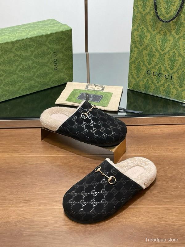 2024 Slippers Gucci Black Shearling GG Pattern