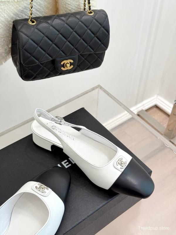 2025 Women Chanel White Black Leather Slingback Heels