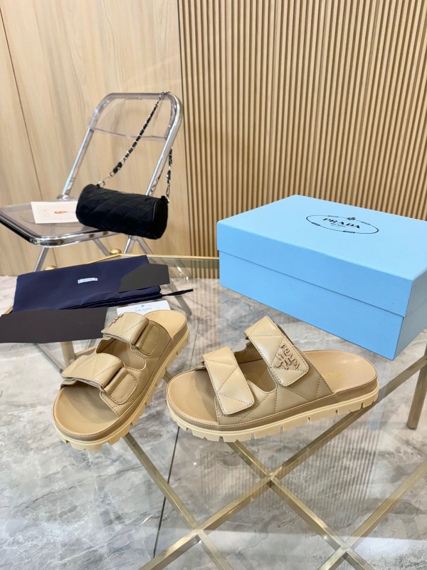 2025 Women Prada Beige Leather Sandals LY00270