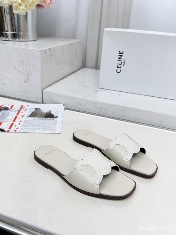 2025 Women Celine White Leather Slippers