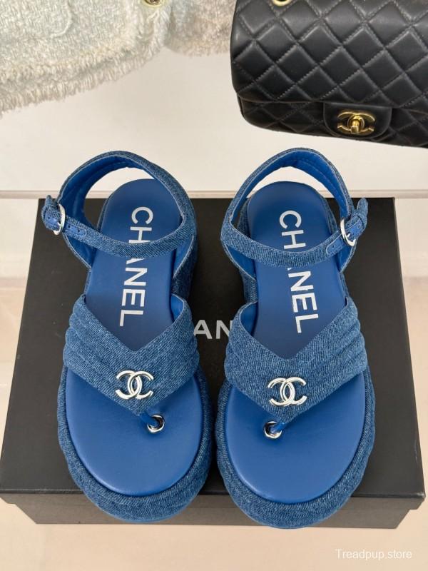 2025 Women Chanel Blue Denim Leather Platform Sandals KFY00260