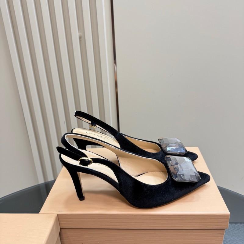 2025 Women Gianvito Rossi Black Velvet Slingback Heels Gemstone Decoration KFY00300