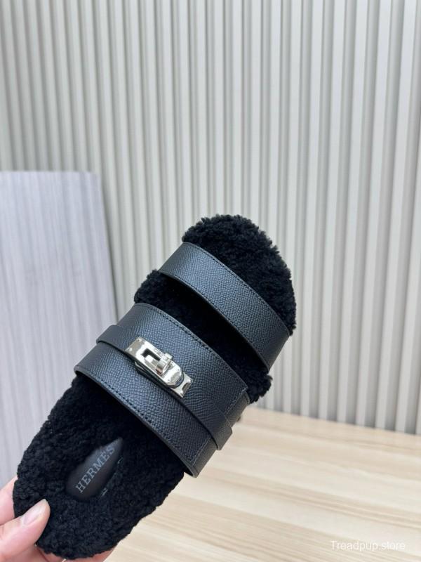 2024 Women Hermès Black Leather Shearling Slippers