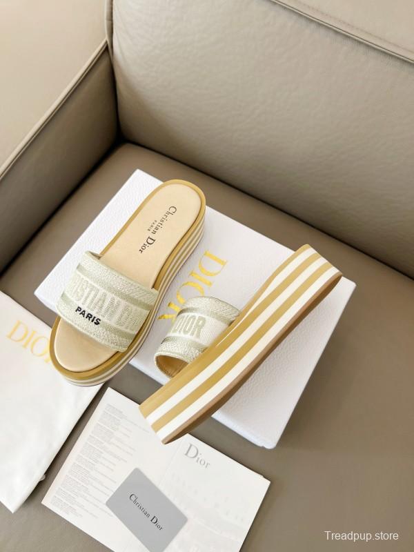 2025 Women Dior White Beige Canvas Platform Slippers