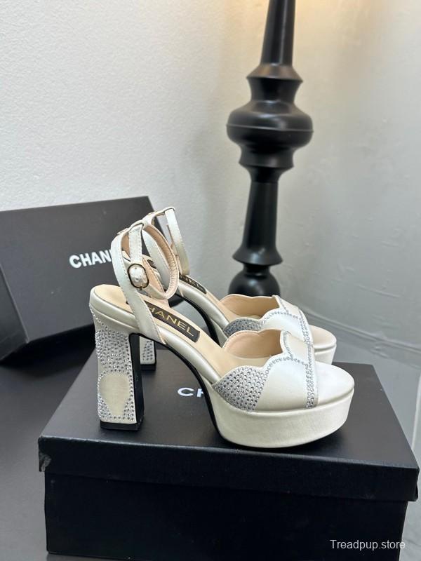 2025 Women Chanel White Leather Platform Sandals Beaded LY00320